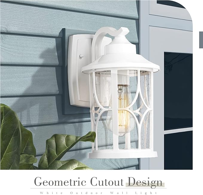 zeyu 2 Pack Outdoor Wall Sconce Lights, Modern Farmhouse Outdoor Porch Lights for House, Die-Cast Aluminum in White Finish, Seeded Glass Shade, ZX48B-2PK WH