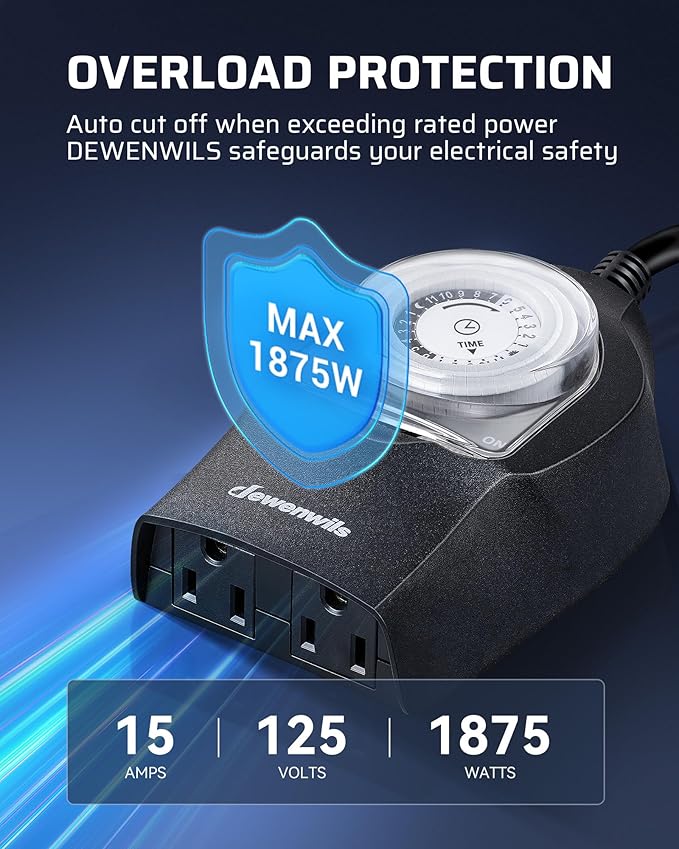 DEWENWILS 1 Pack Mechanical Light Timer for Outdoor Lighting, 24-Hour Plug in Timers, Heavy Duty Programmable Timer Switch with 2 Grounded Outlets for Holiday String Lights, 15A 1/2HP UL Listed