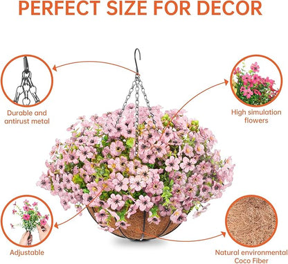 Artificial Hanging Faux Flowers Basket, Fake Silk Daisy Eucalyptus Plants Arrangement,for Spring Summer Outdoor Decoration,UV Resistant, Coconut Planter,Look Real for Home Garden Décor (Pink)