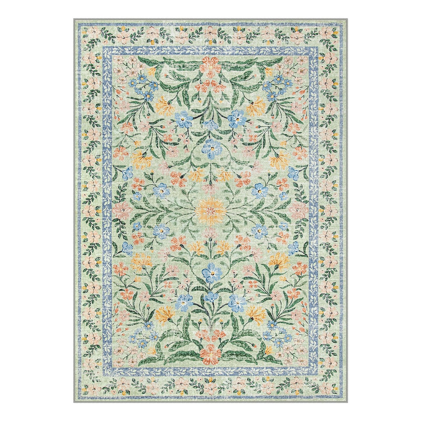 Lahome Sylvie Washable Green Rug, 5x7 Whimsical Floral Rug for Nursery, Boho Cute Bedroom Carpet for Playroom Baby Girl Nursery Classroom Decor, Green/Multi