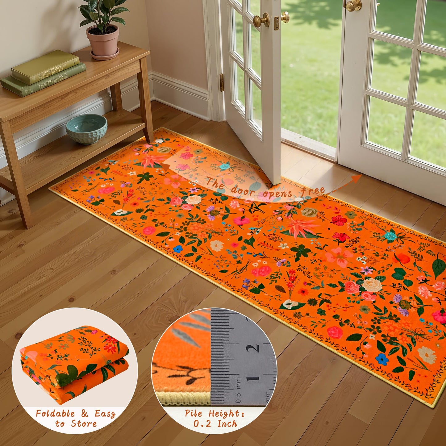 ISEAU Floral Kitchen Rugs 2x6, Washable Boho Flower Area Rug, Non-Slip Low-Pile Carpet with TPE Backing for Bedroom, Kid Friendly Flower Rug for Hallway Nursery Runner Laundry Dining Room, Orange