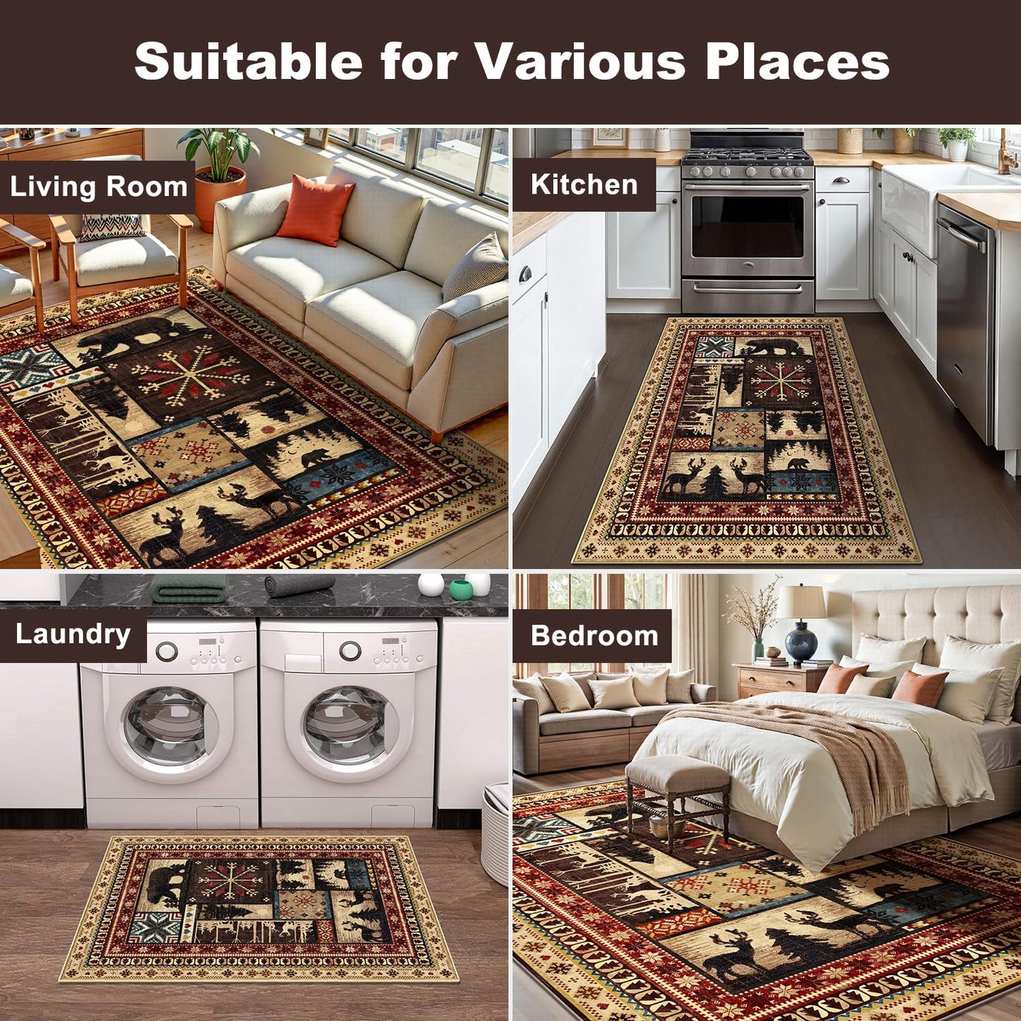 LOKHOM Rustic Cabin Area Rug 8x10, Machine Washable Bear Print Rug, Non-Slip Low Pile Soft Large Southwestern Lodge Rug for Bedroom Living Room Dining Room