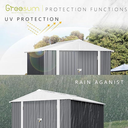 Greesum 8x6FT Outdoor Storage Shed, Utility Tool Shed Metal Storage Garden Shed with Door & Lock for Patio Storage, Gray