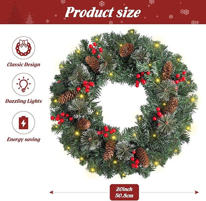 FR Artificial Pre-Lit Fir Christmas Wreath Holiday Accent Decoration, Wintry Pine, Decorated with Pine Cones Berry Clusters Frosted Branches, with LED Lights for Door, Mantel 20 Inch