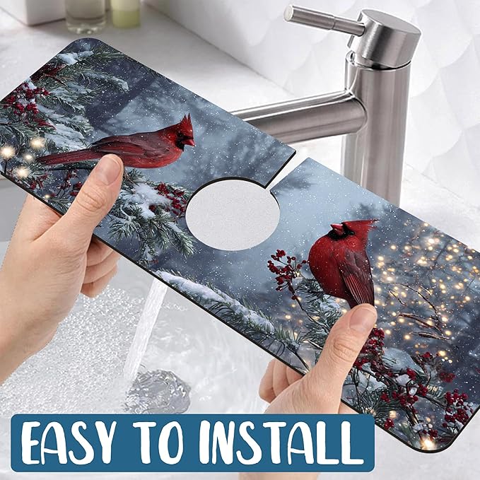 Winter Sink Splash Guard Faucet Mat Cardinal Christmas Super Absorbent Fast