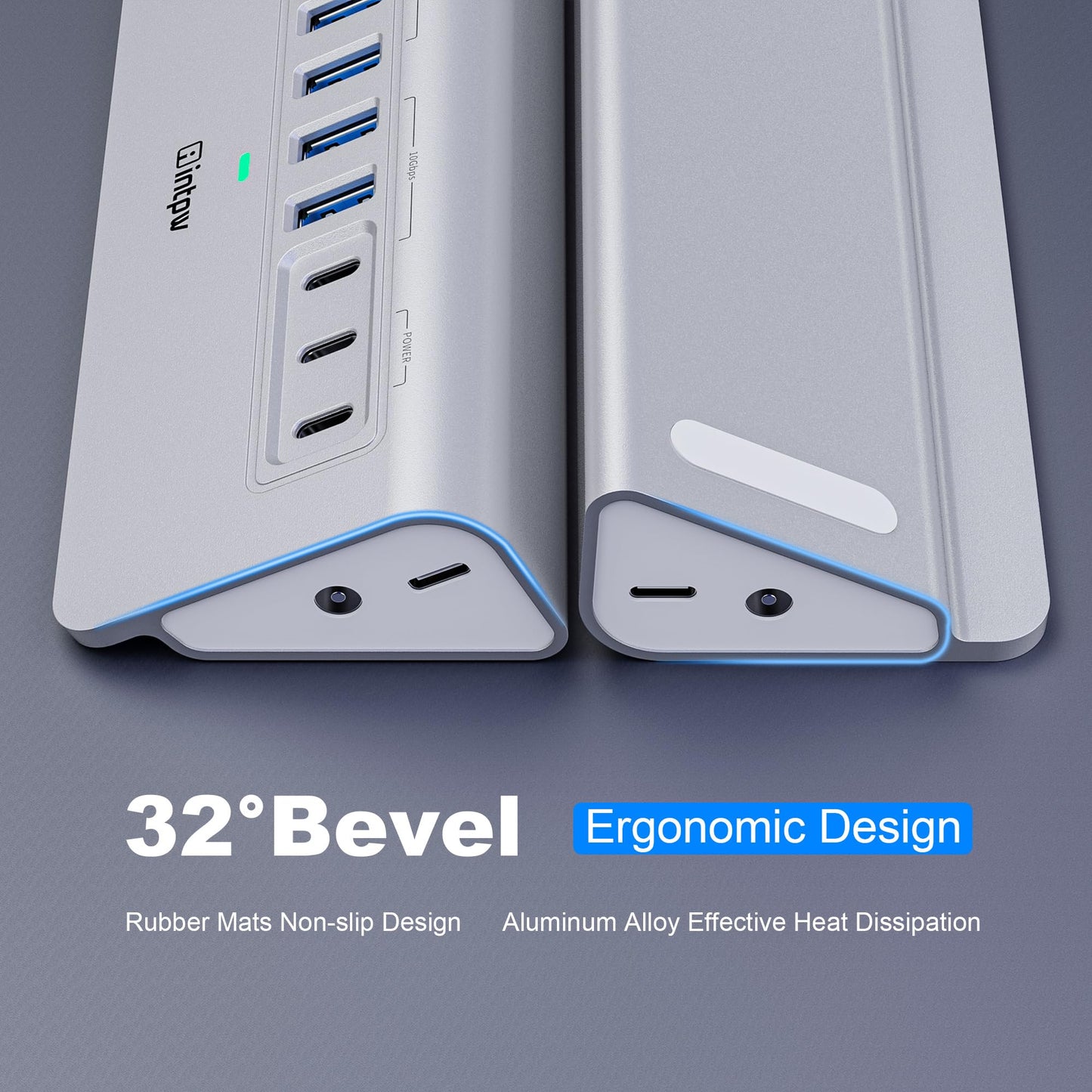 Powered USB Hub 10Gbps, intpw 9-Port USB 3.2 Hub, USB C Hub with USB A/USB C 3.2, 4 USB 3.0, 2 PD 45W Charging Ports, 65W Power Adapter and 3.3FT Cable, Aluminum USB Hub for Laptop, iPhone 16/15, PC