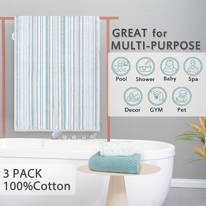 VOOVA & MOVAS 3PCS Bathroom Towels, 100% Cotton, Quick Dry, 1 Stripe Bath