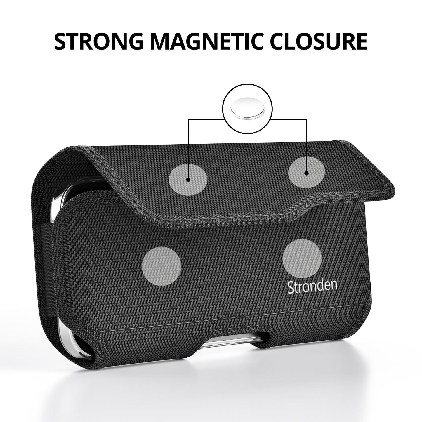 Stronden Magnetic Closure Holster for iPhone 17 Pro, 17e, 17, 16 Pro, 16, 16e, 15, 15 Pro, 14, 14 Pro, 13, 13 Pro, 12, 12 Pro - Military Grade Nylon Pouch with Metal Belt Clip & Loop (Fits Slim Case)