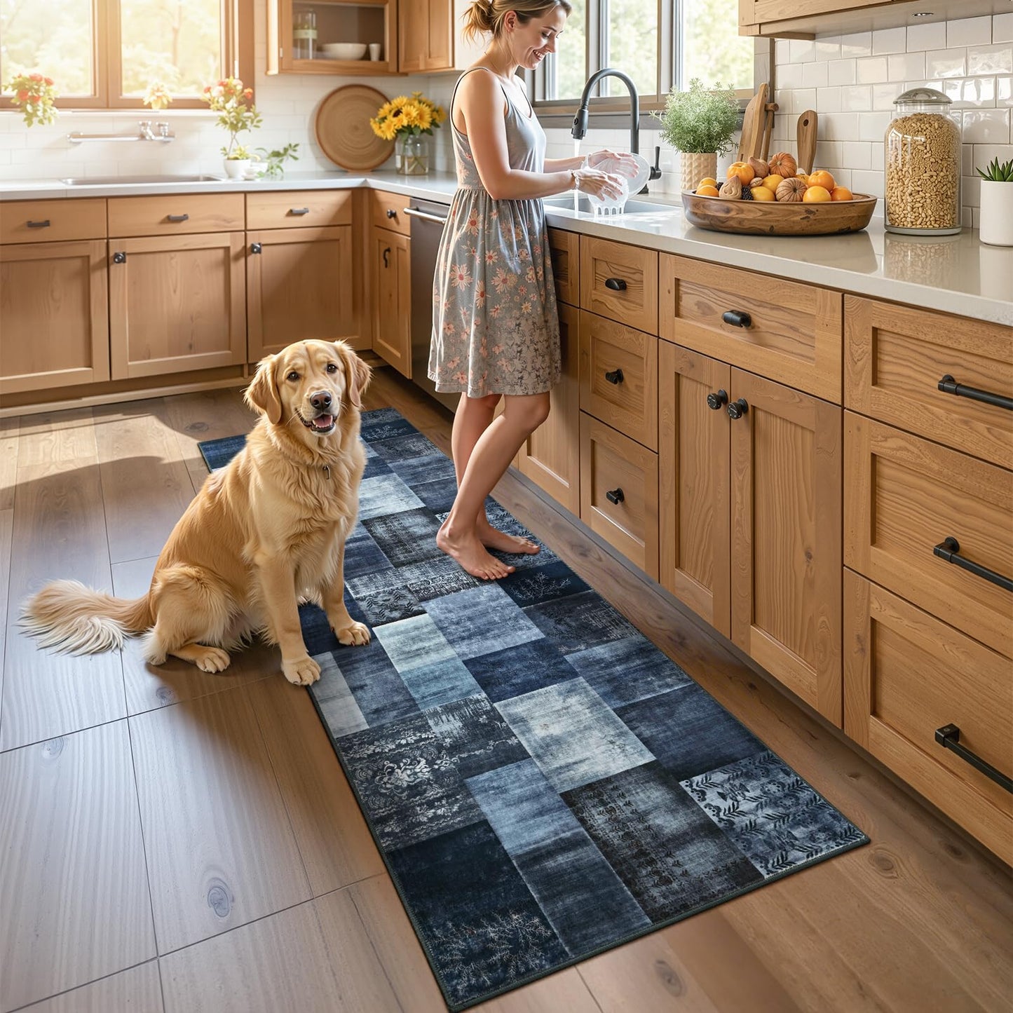 DweIke Runner Rug for for Hallways, 2'x6' Washable Kitchen Rugs with Non Slip Rubber Backing, Soft Low Pile Non-Shedding Geometric Carpet for Laundry Bedroom Bathroom, Navy Blue