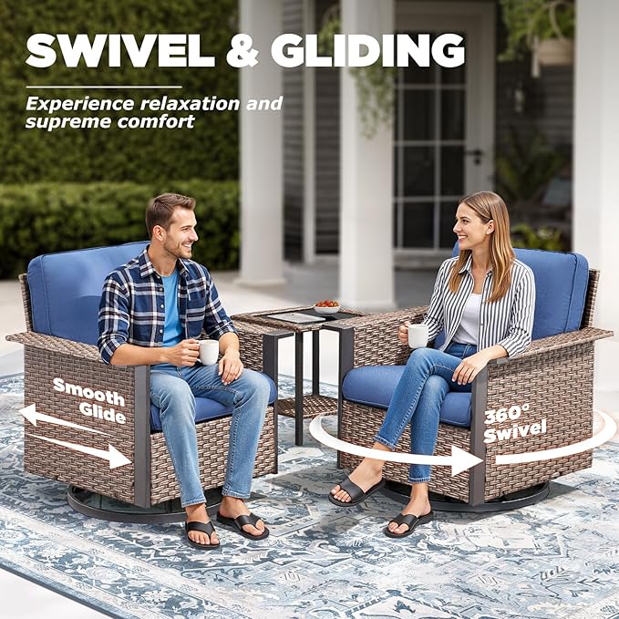 Outdoor Patio Furniture Set-8 Pieces All-Weather Wicker 3 Seater Sofa with Swivel Rocker Patio Chairs Set of 4, Wicker Outdoor Conversation Sets for Porch Deck Backyard Brown/Beige
