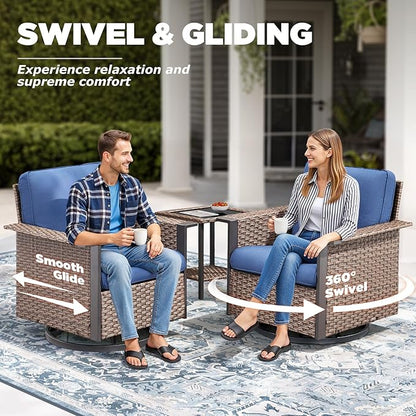 Outdoor Patio Furniture Set-5 Pieces All-Weather Wicker Patio Furniture with Outdoor Swivel Rocking Chairs Set of 2,Outdoor Patio Conversation Sets for Garden Porch Deck Brown/Blue