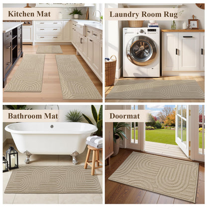 U'Artlines Kitchen Rugs and Mats Set of 3, Non Skid Washable Beige Geometric Kitchen Mats for Floor, Absorbent and Stain Resistant Floor Mat for Laundry, Sink Decor 20x32+20x48+20x59