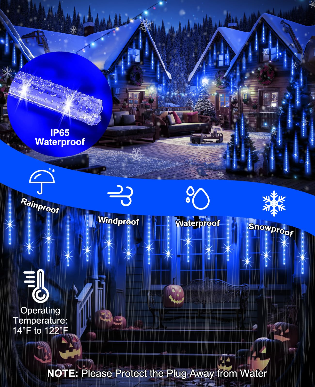 EAGWELL Christmas Lights Outdoor 16 Inch Meteor Shower Rain String Lighting, 20 Tube 960 LEDs Icicle Tree String Decor for Halloween Yard Party Patio Xmas Decoration,Blue