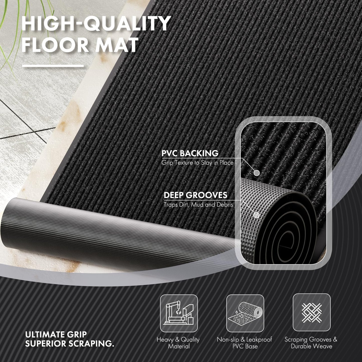Bathway Front Door Mat 3' x 5' Indoor Outdoor Doormat Heavy Duty Commercial Rugs for Entryway, Waterproof & Mud-Scraping Floor Mat Low Profile, Black Non-Slip Entry Mat for Office Industrial Garage