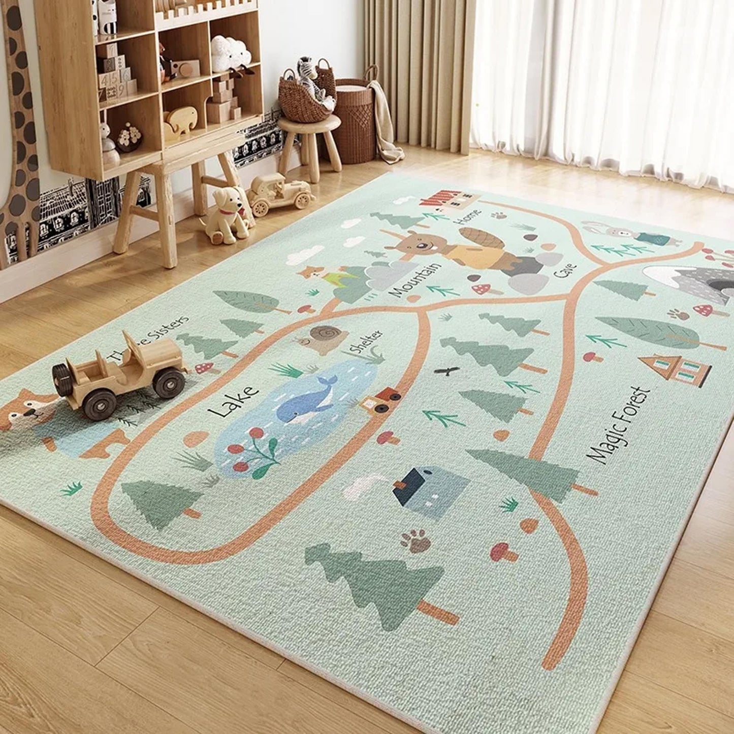 Jessruly Extra-Large Car Rug Play Mat – City Road, World Map & Magic Forest Design, Soft Carpet for Indoor Play & Room Decor (50 x 80 cm / 19.69 x 31.50 in)