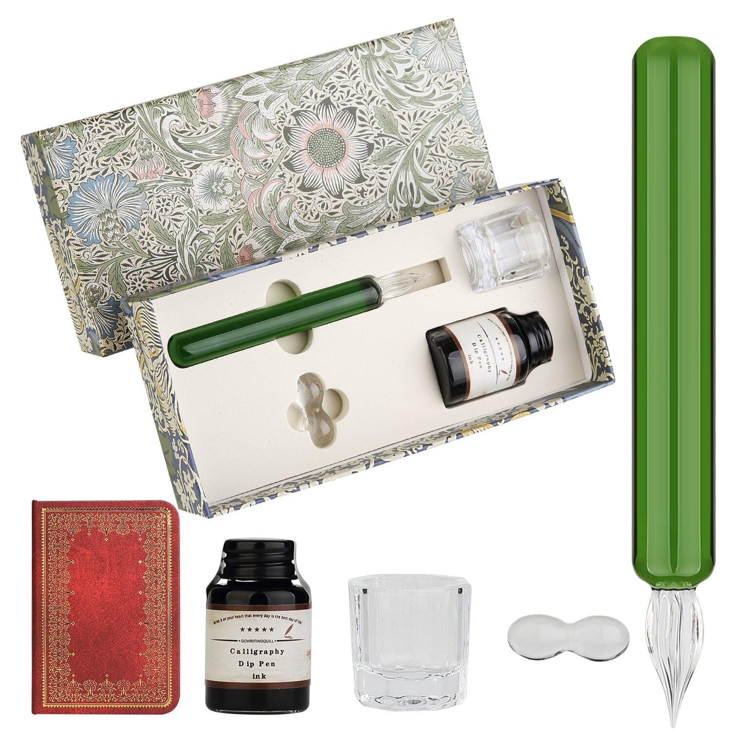 GC QUILL Glass Dip Pen Set,Calligraphy Pen,A Squat Crystal Signature Pen for Art, Writing, Signatures -Decoration and Business Gift (Green)