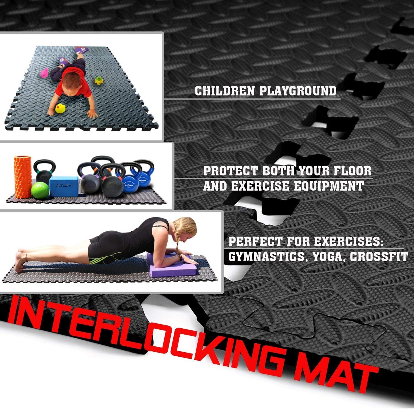 A2ZCARE Puzzle Exercise Mat with EVA Foam Interlocking Tiles - Interlocking Floor Mats for Gym Equipment - Ideal for Home Gym, Aerobic, Yoga and Pilates (Gray (12pcs with Border Tiles))