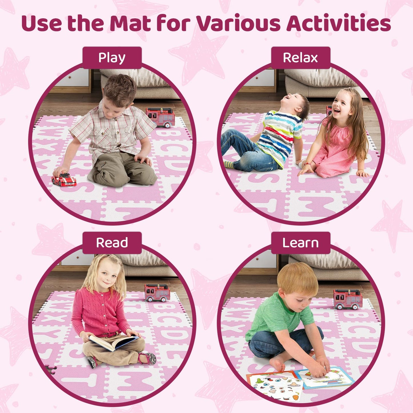 HONEY JOY Foam Floor Tiles for Kids, 12.5” x 12.5” EVA 26-Piece Interlocking Alphabet Puzzle Play Mat, Non-Slip Large Soft Carpet Rug, Easy to Clean, for Baby Crawling Exercise, Playroom (Pink)