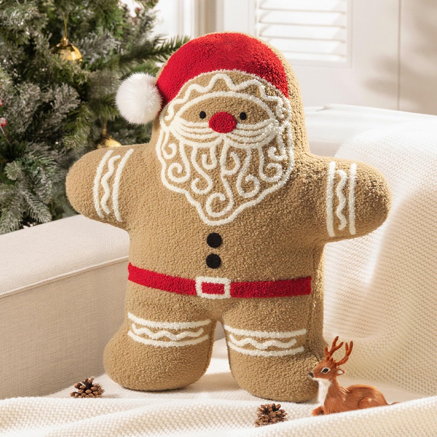 Phantoscope Gingerbread Merry Christmas Throw Pillow, Plush Teddy Xmas Gingerbread Santa Claus Shaped Pillows Christmas Decorative Pillow for Couch Living Room Bed, Beige, 20 x 16.5 inches