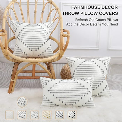 Mecatny Boho Outdoor Throw Pillow Covers 12X20 Set of 2, Farmhouse Lumbar Pillow Covers for Couch Sofa Living Room, Grey & Cream White