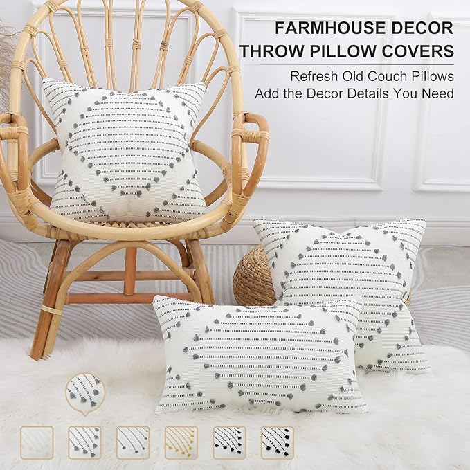 Mecatny Boho Outdoor Throw Pillow Covers 20X20 Set of 2, Farmhouse Decorative Pillow Covers for Couch Sofa Living Room, Grey & Cream White