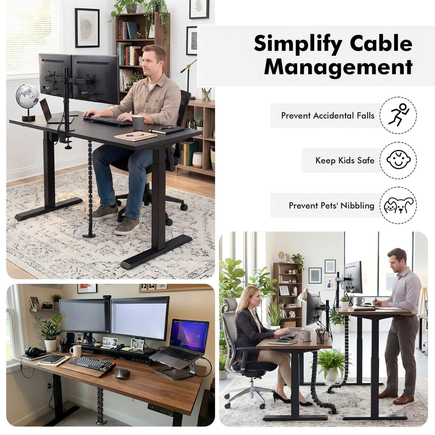 Yaomiao 4 Pack Under Desk Vertebrae Cable Management Kit Standing Desk 48'' Adjustable Quad Entry Flexible Cord Organizer with Ties, Stick-on Clips Cable Management Set for Home User Office Worker