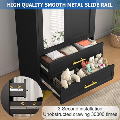 GAIOUS Steel Armoire Wardrobe Closet with Mirror and 2 Drawers 71" Black | Clothes Storage Cabinets with 2 Doors, 1 Adjustable Shelf, Metal Wardrobe Cabinet with Hanging Rod for Bedroom, Gym, Cloak