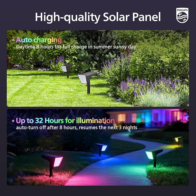 Philips 6 Packs Solar RGBW Spot Lights Outdoor, 18 LED Solar Powered Landscape Lights, 9 Lighting Modes Color-Changing Dusk to Dawn Waterproof Pathway Spotlights for Garden Trees Halloween Christmas
