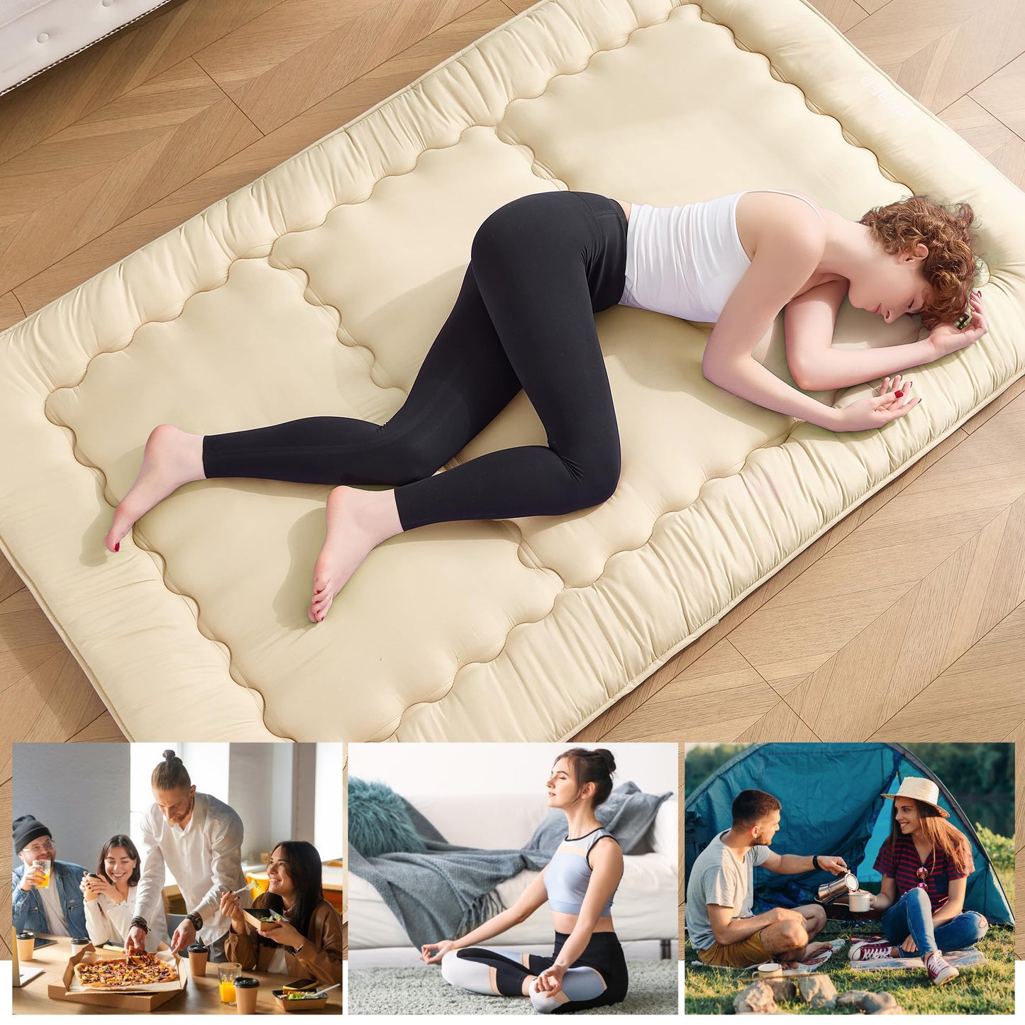 VIPBED Japanese Floor Futon Mattress Queen Size, 4" Thicken Foldable Mattress Tatami Mat Sleeping Pad, 25D Foam Filled Traditional Shiki Futon (shikibuton), Designed in Japan (Pastel Yellow 60"x 80")