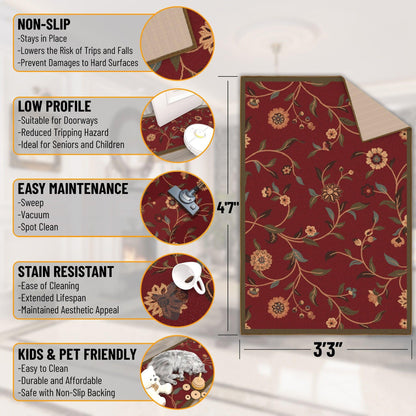 Ottomanson 3'3" x 4'7" Rugs for Living Room Floral Area Rug for Bedroom - Non Slip Durable Large Floor Carpet for High Traffic Areas - Indoor Rug for Dining Room Kitchen Kids Playroom, Red