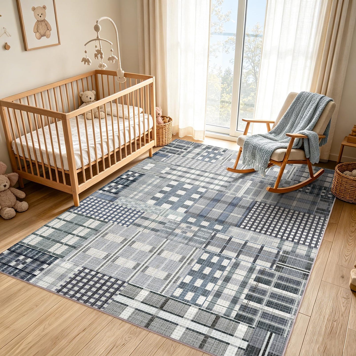 Rezutan Modern Geometric Plaid Indoor Area Rug for Living Room, Blue Gray Distressed 4X 6 Ft Large Rug Hardwood Floors Decor for Bedroom, Throw Carpet for Office Dining Room