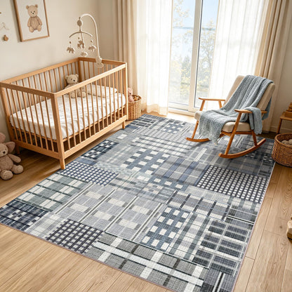 Rezutan Modern Geometric Plaid Distress Indoor Area Rug for Living Room, Blue Gray 5X 7 FT Large Rug Hardwood Floors Decor for Bedroom, Checkered Throw Carpet for Office Entryway Dining Room