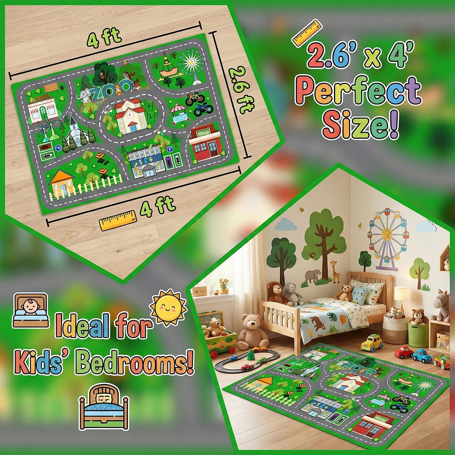 Car Rug Play Mat - Green Road Rug for Kids Boys Room, Fun Race Track Traffic Road Carpet for Boys Playmat Educational Learn, Car Carpet for Kids Room Decor Playmat Bedroom Playroom, 2.5x4 Feet