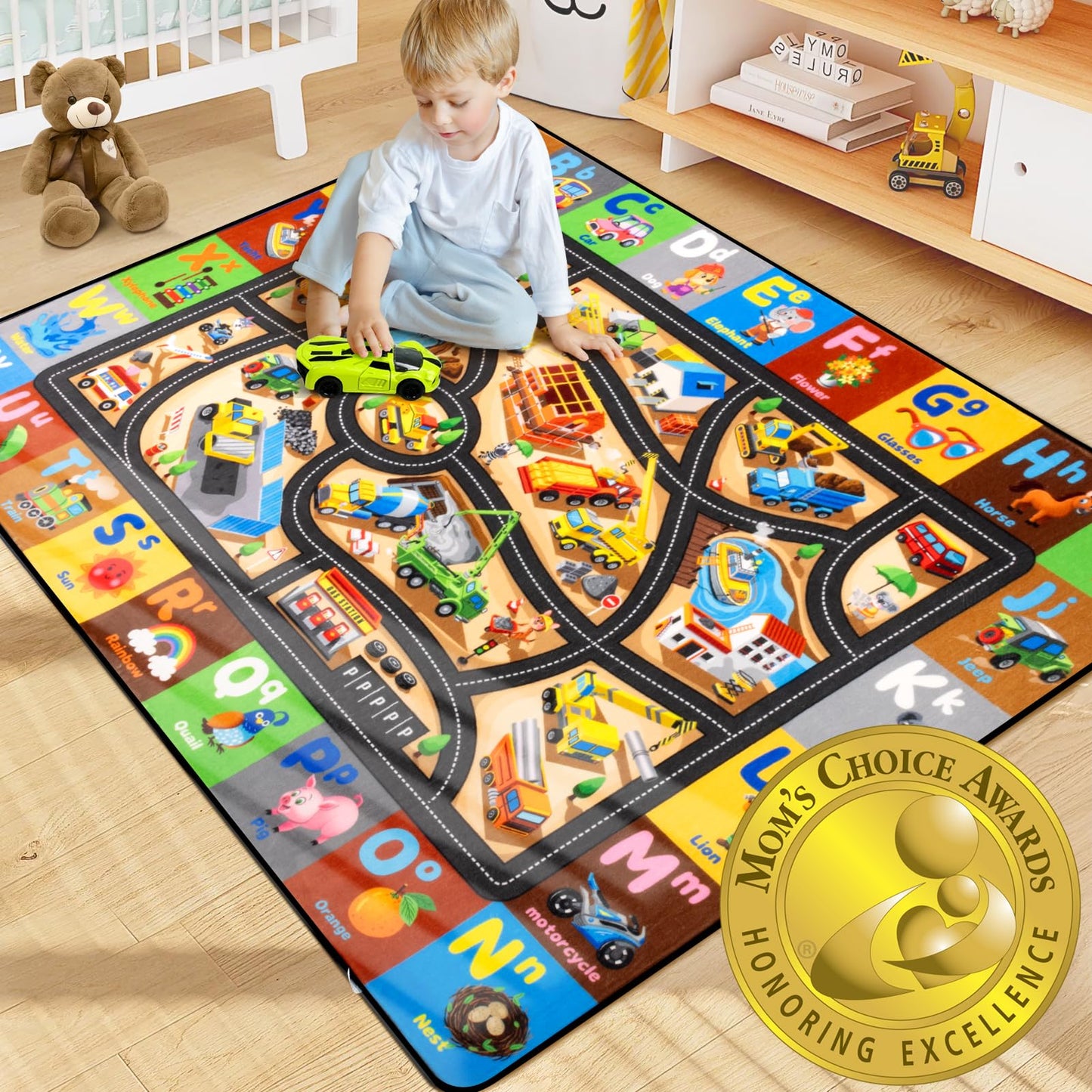 Diysani Construction Site Rug 6x9FT Car Rug Play Mat Non-Slip Car Carpet for Kids Washable ABC Alphabet Playroom Rugs for Kids Playroom