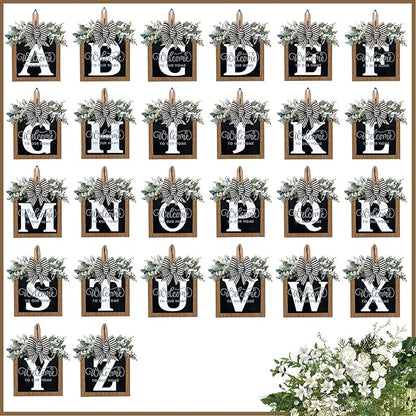 Ultra Large 14'' Last Name All Year Round Front Door Wreath with 26 Initial Letter Welcome Sign All Seasons Eucalyptus Garland and Bow Wreaths for Front Door Porch Farmhouse Decoration (Q)
