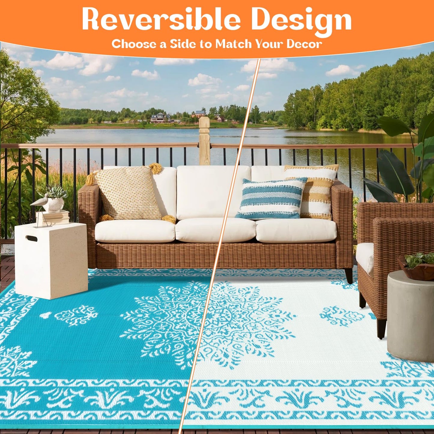 Yamaziot Outdoor Rug 8x10 Ft, Waterproof Plastic Straw Patio Rug, Reversible Backyard Carpet UV Resistant Portable RV Mat Clearance, Large Indoor Outdoor Rug for Patio, Porch, Deck, Balcony, Teal
