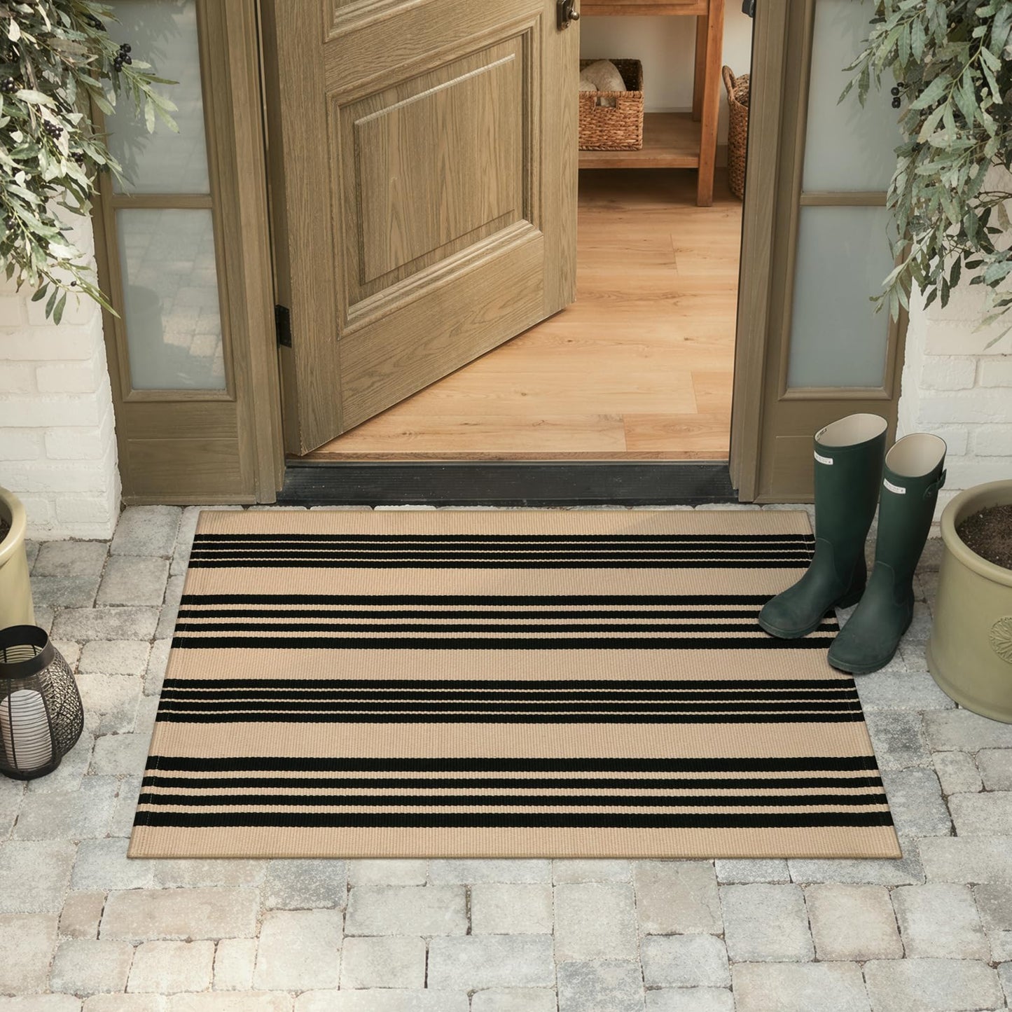 KIMODE Outdoor Rug Spring Decor 27.5"x43", Black and Khaki Striped Front Porch Rugs, Reversible Washable Front Door Mats, Hand Woven Welcome Layered Doormat Entryway Rug for Entrance Farmhouse