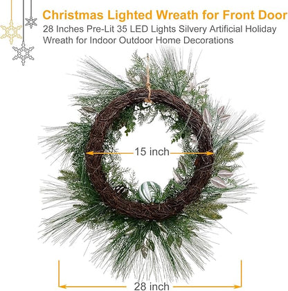 28’’ Pre-Lit Artificial Christmas Wreath, Theme Battery Operated 35 LED Lights with Faux Greenery, Pine Cones, Silver Leaves, White Berries and Silver Ornaments