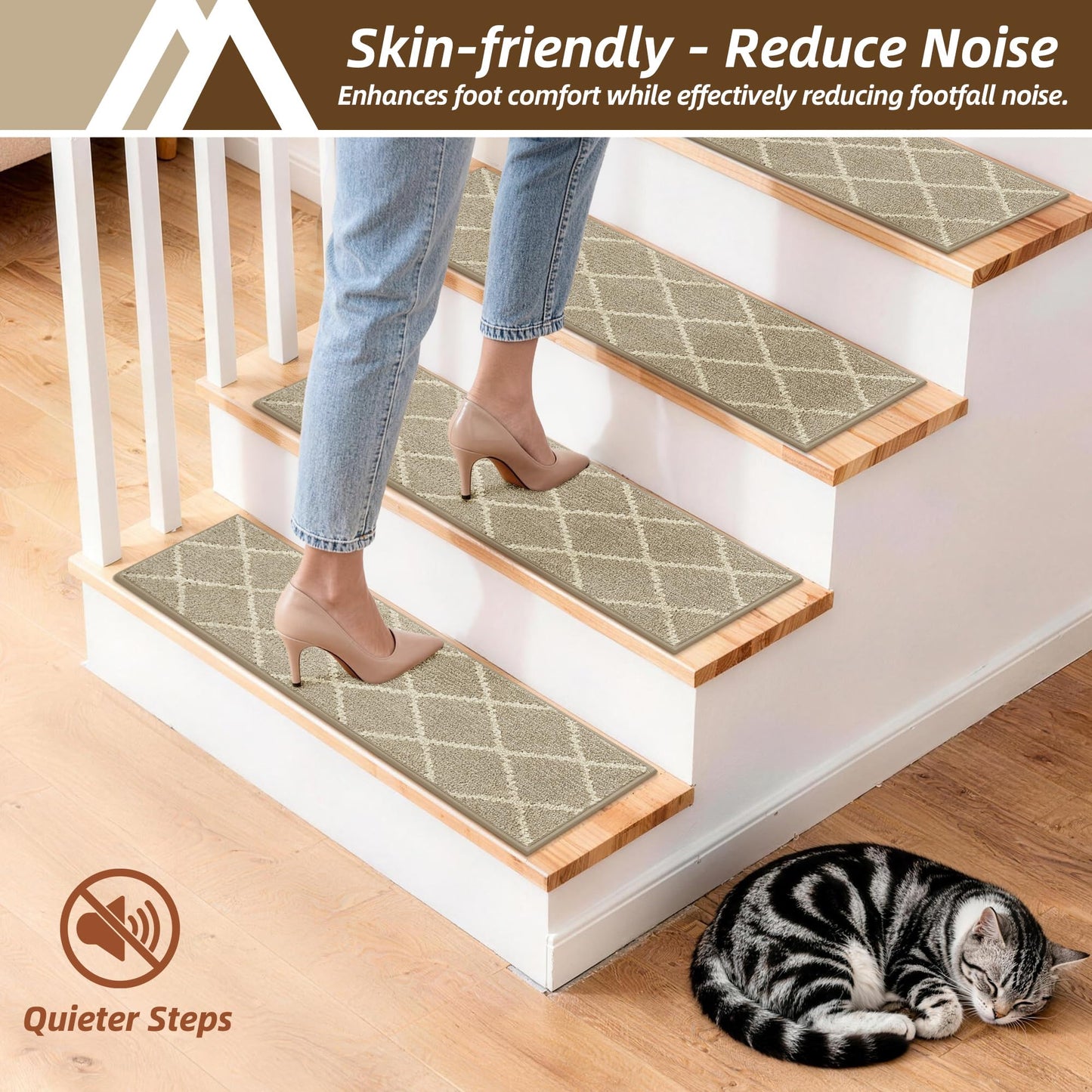 COSY HOMEER Stair Treads for Wooden Steps 9"x28", Non Slip Carpet Stair Treads, Peel and Stick Indoor Runners for Kids Elders and Dogs, 100% Polyester TPE Backing, 10pcs, Beige