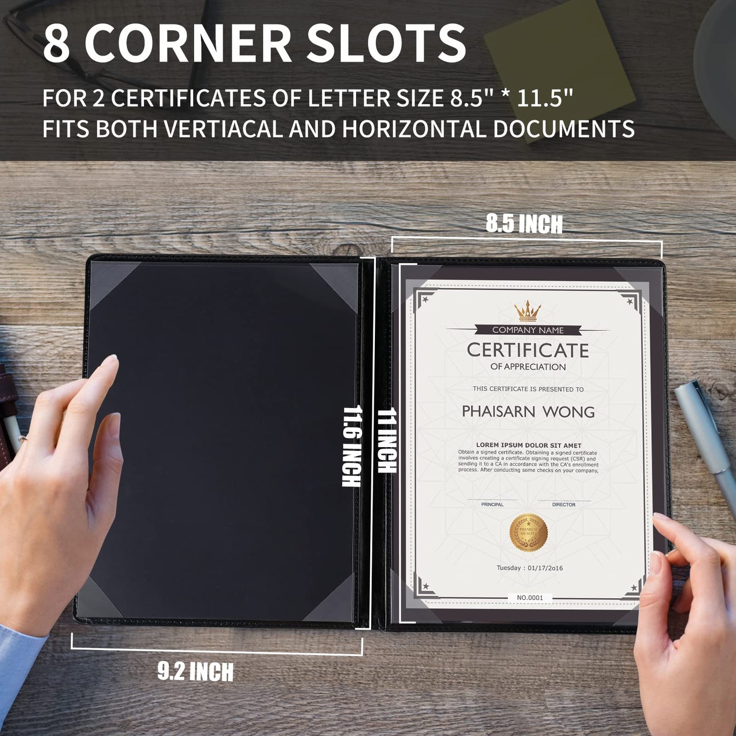 Diploma Cover 8.5 x 11 Certificate Holders for Letter-Sized Award Padded Menu Cover - Black Leather