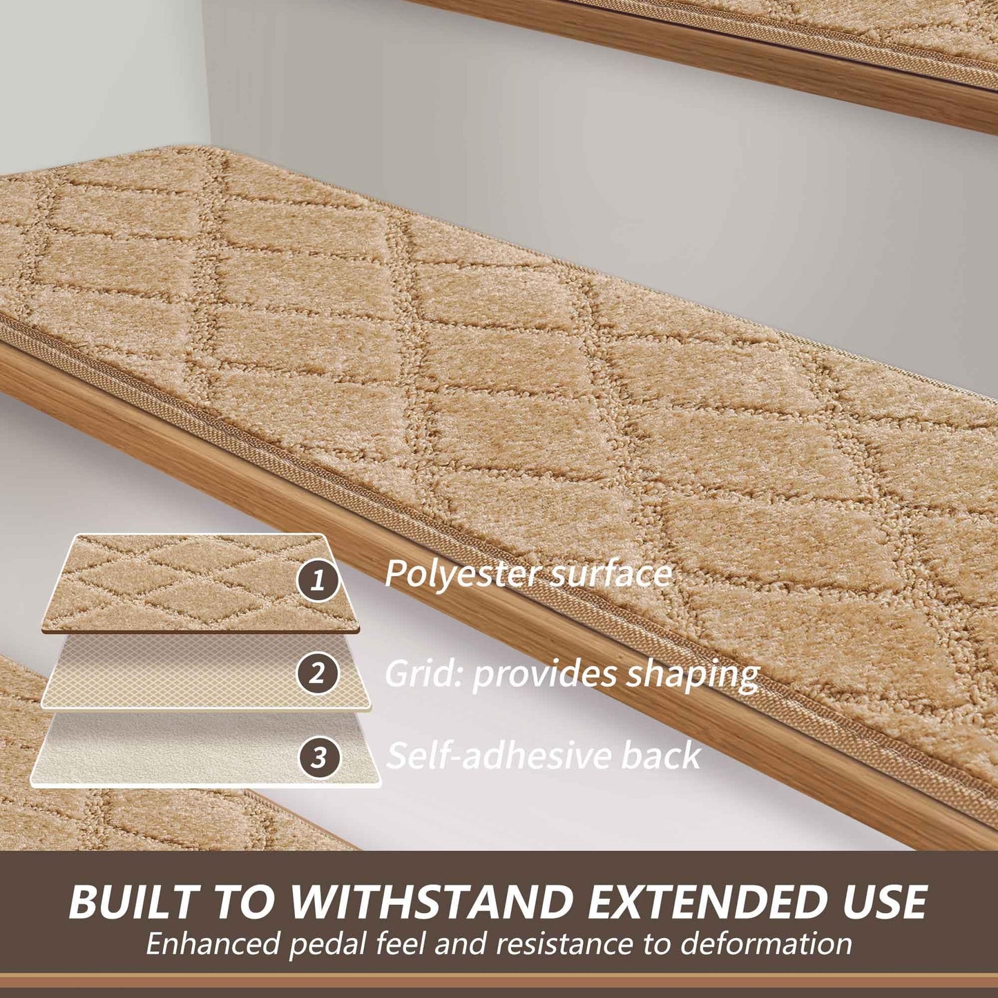 JOYKISS 9"x30" Stair Treads for Wooden Steps Indoor, 2Pcs Non Slip Peel and Stick Carpet Stair Treads, Washable & Reusable Self Adhesive Stair Runner Rug for Kids Elders Pets - Beige