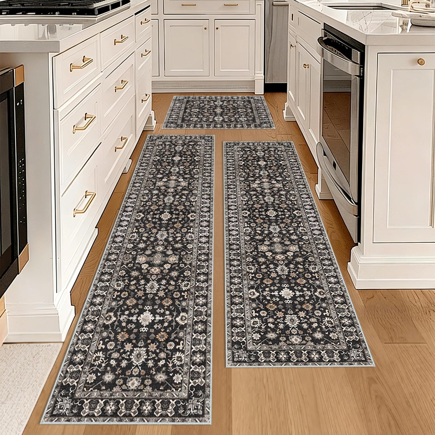 Washable 3x3 Square Rug for Entry Bathroom Kitchen Bedroom Carpet - Non Slip Low Pile Soft Throw Door mat - Protect Hardwood and Laminate Flooring Floral Farmhouse Decor 3x3 Black