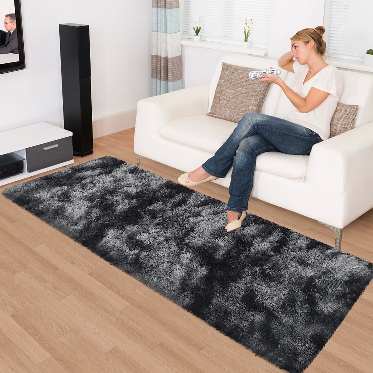 JiaoBaba Tie-Dyed Runner Rug for Bedroom Black Grey 2x6ft Fluffy Area Rug Bedside Runner Rug for Kids Room Boys Teens Nursery Baby Living Room Dorm Home Decor Carpets