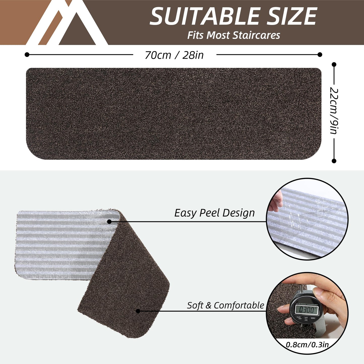 COSY HOMEER Stair Treads Non-Slip 15pcs Carpet Mat 28inX9in Indoor Stair Runners for Wooden Steps, Stair Rugs for Kids and Dogs, 100% Polyester TPE Backing Brown Protect Floor