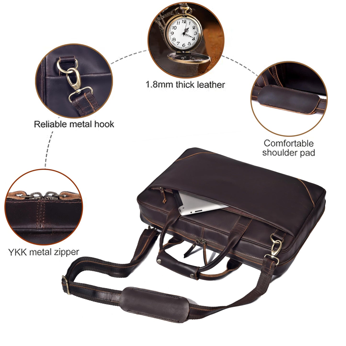 Full Grain Leather Slim Briefcase for Men 17.6 Inch Laptop Messenger Bags Crossbody Shoulder Brown Vintage Attache Case Business Work Lawyer Computer Bag