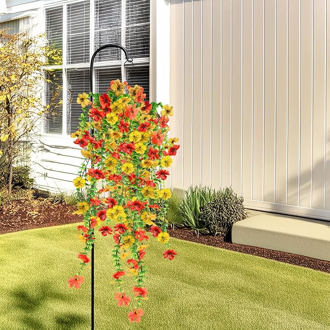 Artificial Flowers for Fall Decor, Artificial Hanging Flowers for Outdoors, 4pcs Realistic Faux Daisy Baskets Fake Plants for Autumn Thanksgiving Garden Front Porch Courtyard Patio (Orange Yellow)