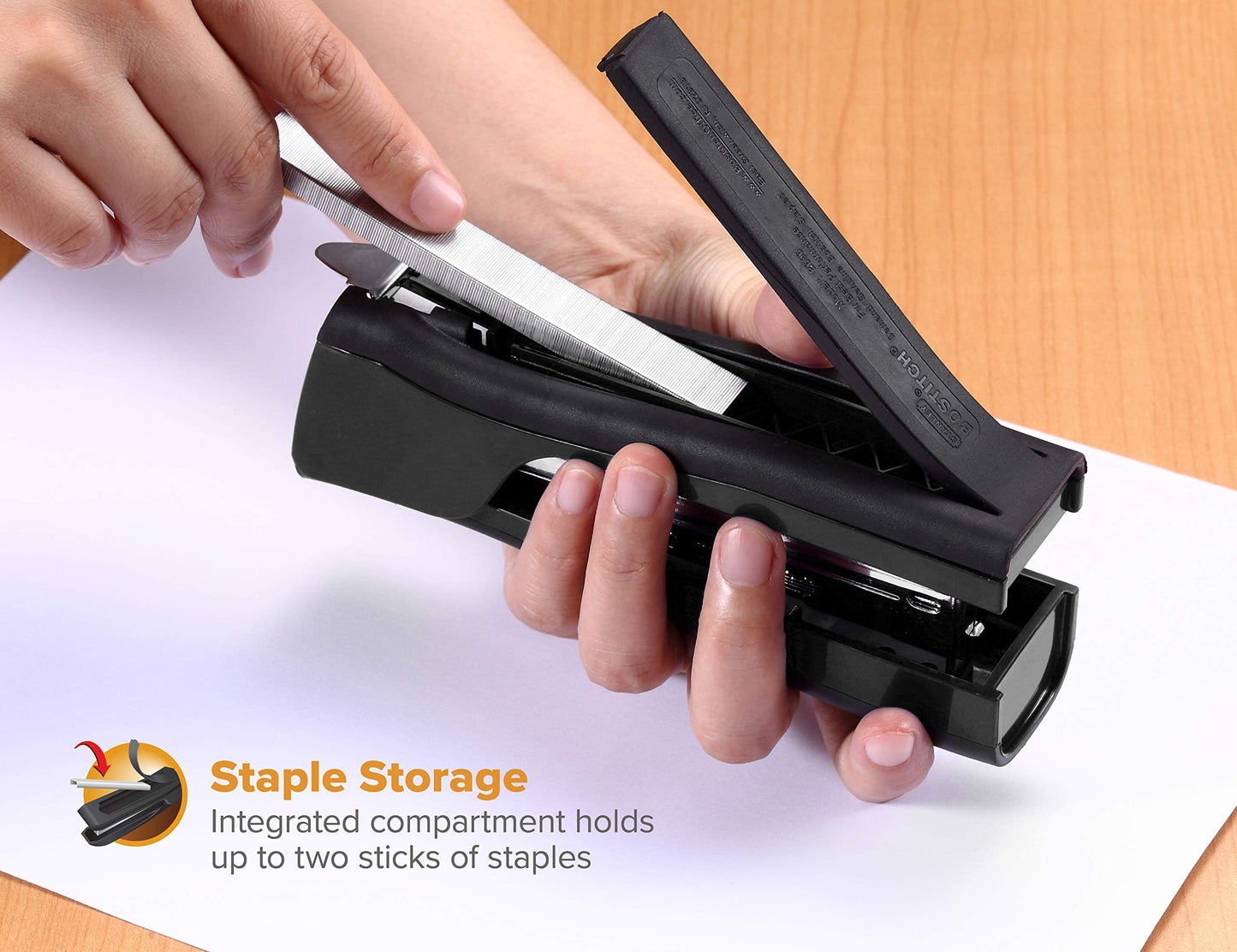 Bostitch Office Eco-Friendly Dynamo 4 in 1 Standup Stapler, Includes 420 Staples, 20 Sheet Capacity, Integrated Pencil Sharpener, Staple Remover & Staple Storage, Black
