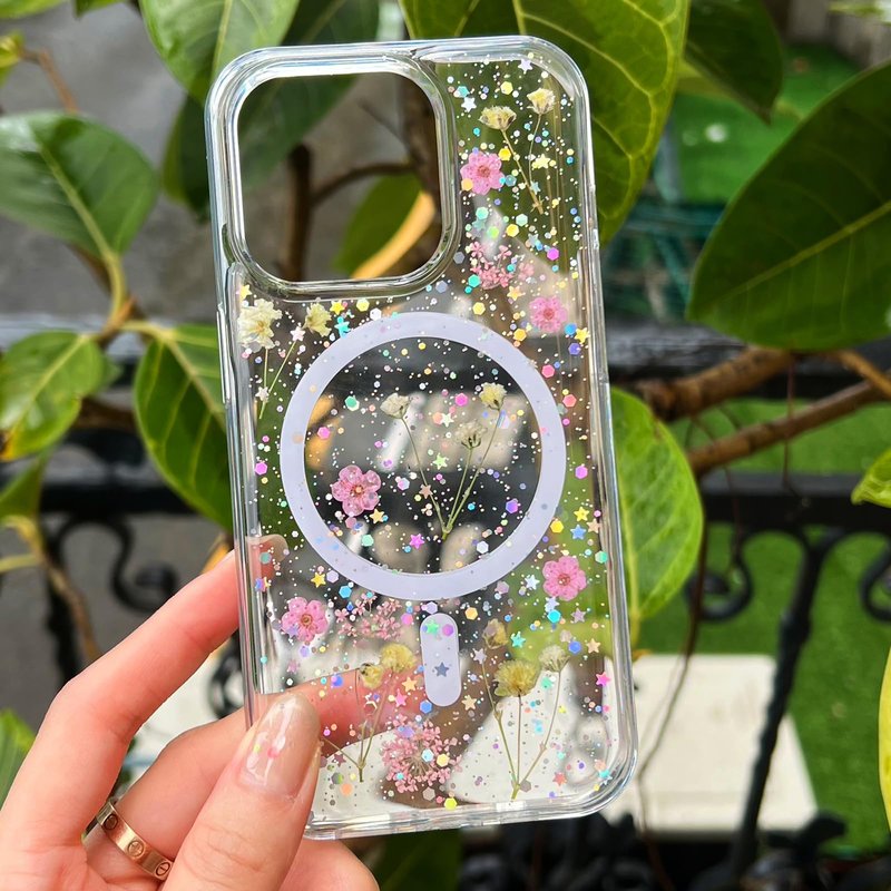 ASONCE Cute Real Flowers for iPhone 16 Pro Max Case [Compatible with MagSafe] Glitter Magnetic Cover with Pressed Dried Floral Women Girly Phone Case for iPhone 16 Pro Max 6.9" - Clear Sparkly