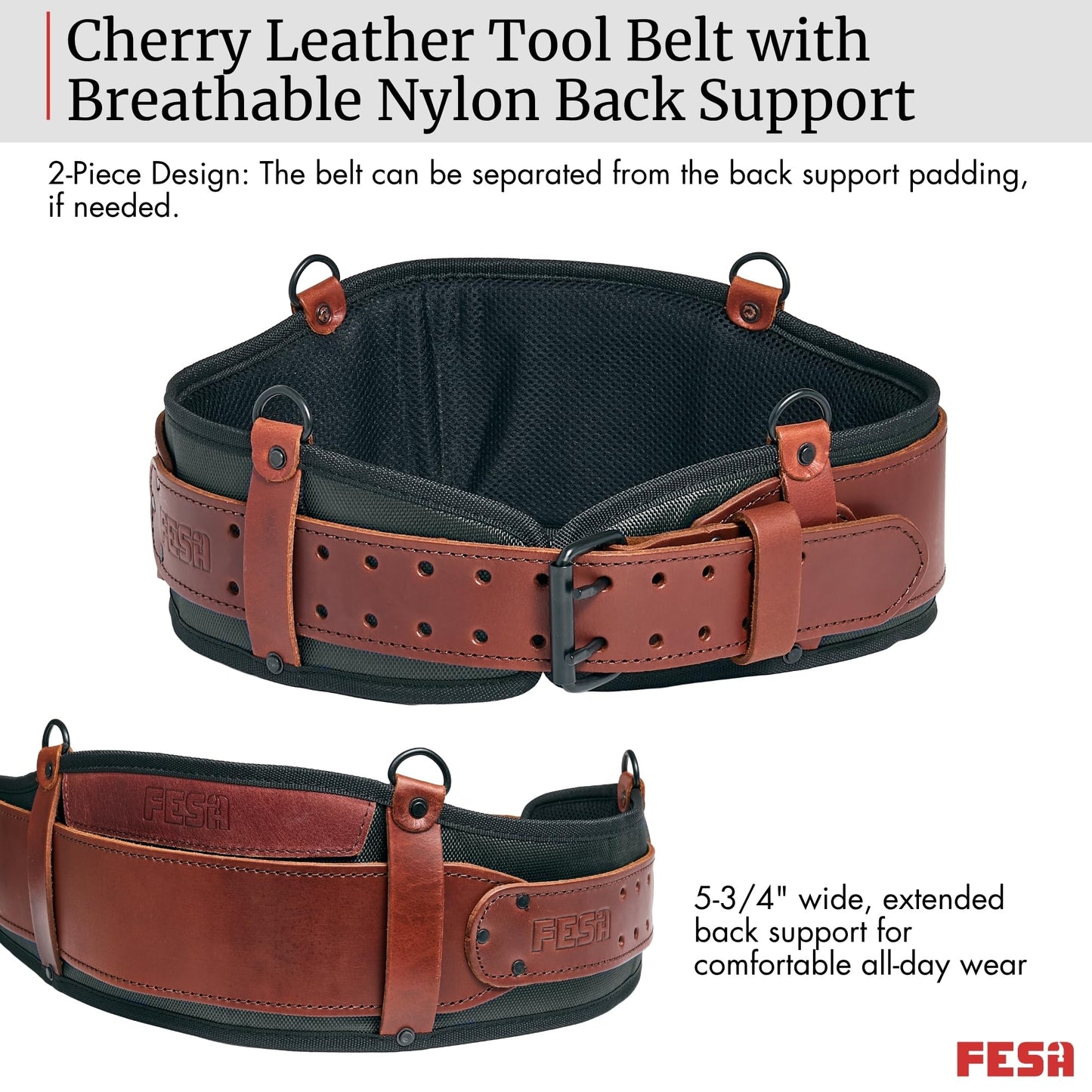 FESA Padded Tool Belt with Back Support - Padded Leather Tool Belt with D-rings for Suspenders - Perfect for Electricians, Carpenters & Framers - Adjustable from 37"-44" - Handcrafted (Cherry)