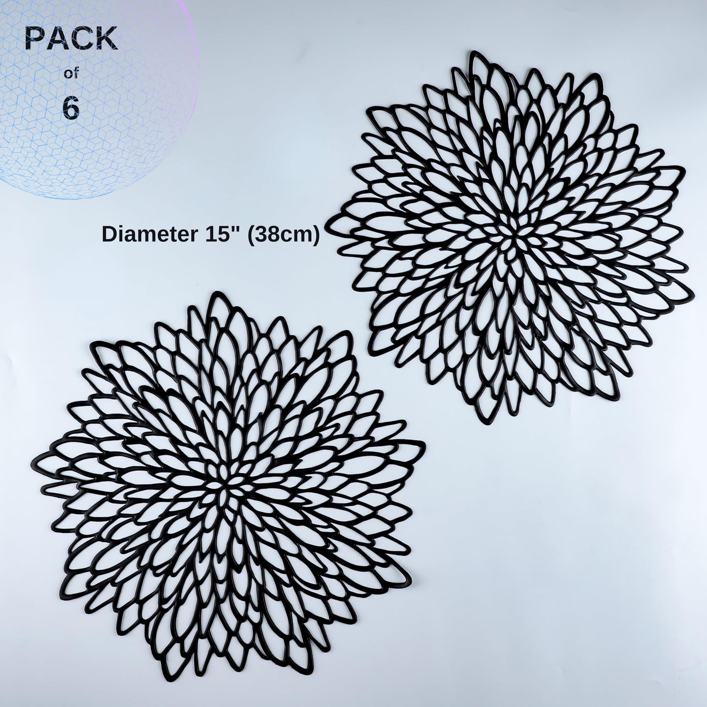 Snowkingdom 6 Pack Black Placemats Washable Pressed Vinyl Dining Table Mats Round Floral Charger Decoration for Halloween Christmas Thanksgiving